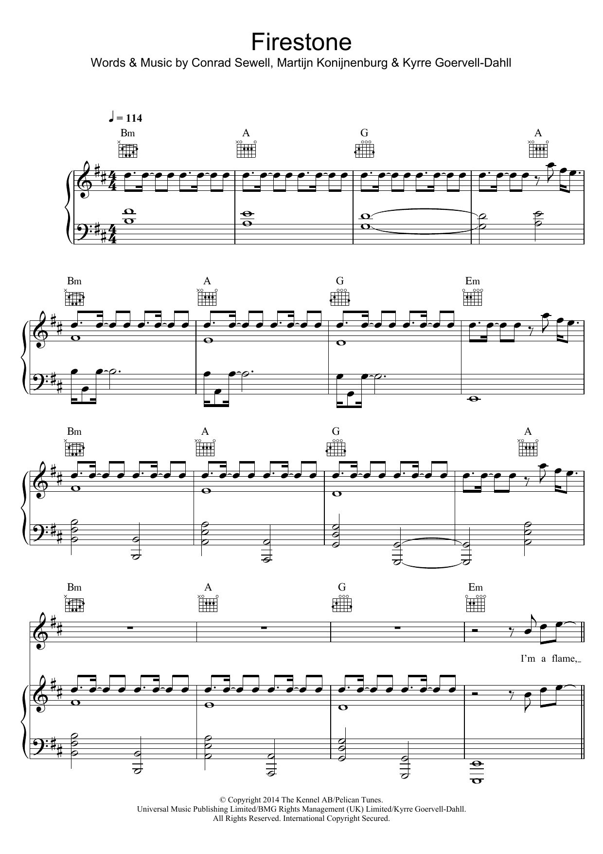 Kygo Firestone sheet music notes and chords arranged for Piano, Vocal & Guitar Chords