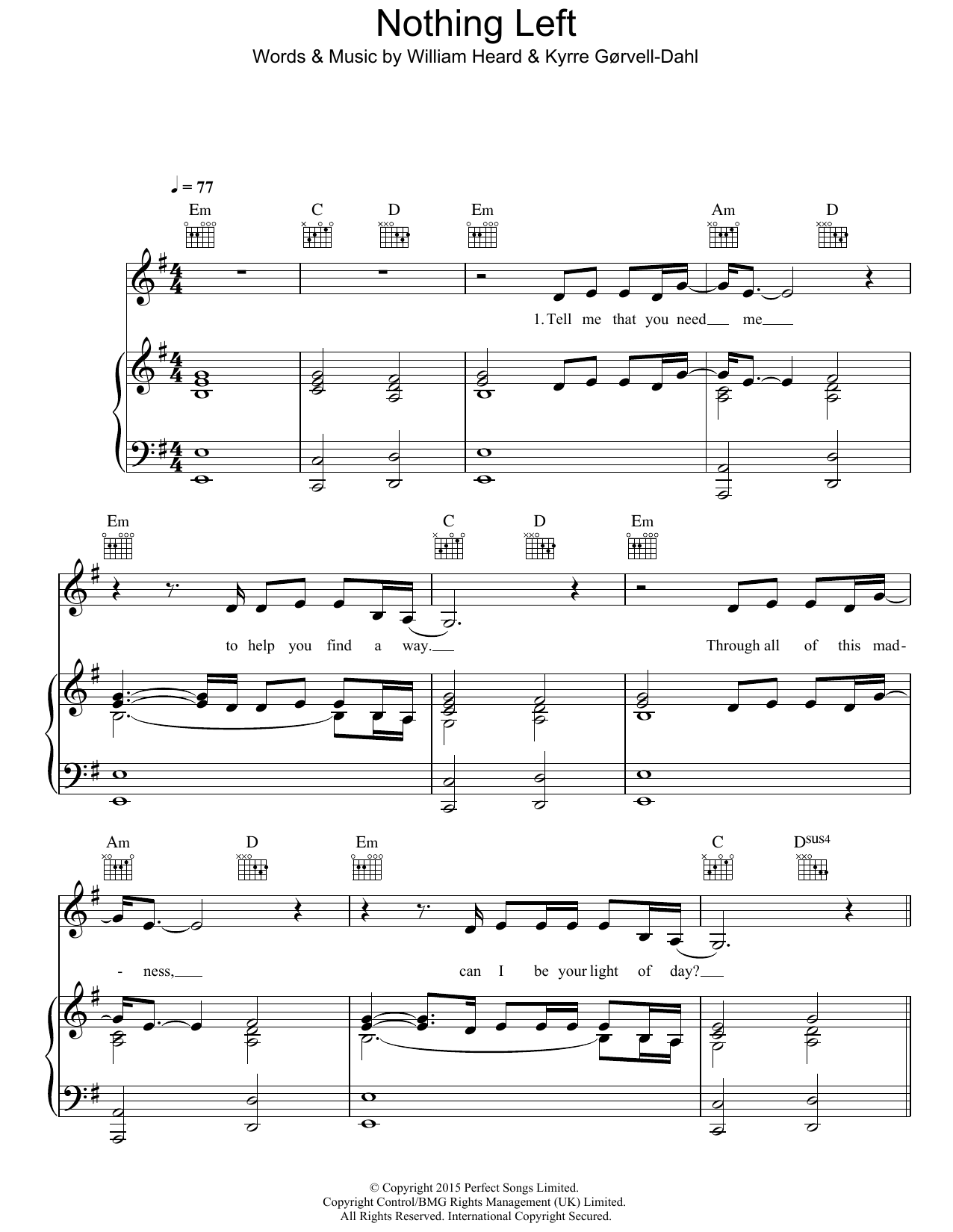 Kygo Nothing Left (featuring William Heard) sheet music notes and chords arranged for Piano, Vocal & Guitar Chords