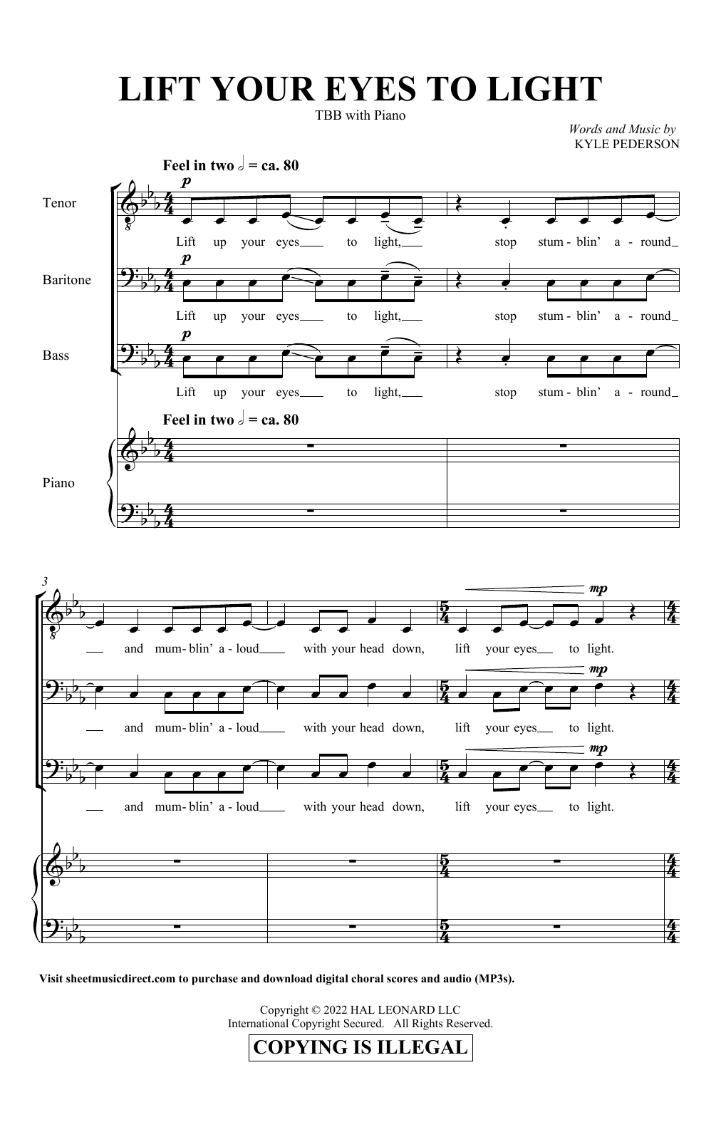 Kyle Pederson Lift Your Eyes To Light sheet music notes and chords arranged for TBB Choir