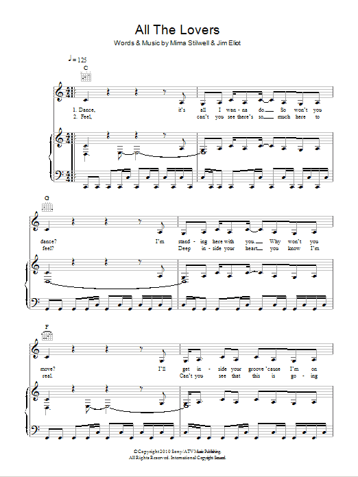 Kylie All The Lovers sheet music notes and chords arranged for Piano, Vocal & Guitar Chords