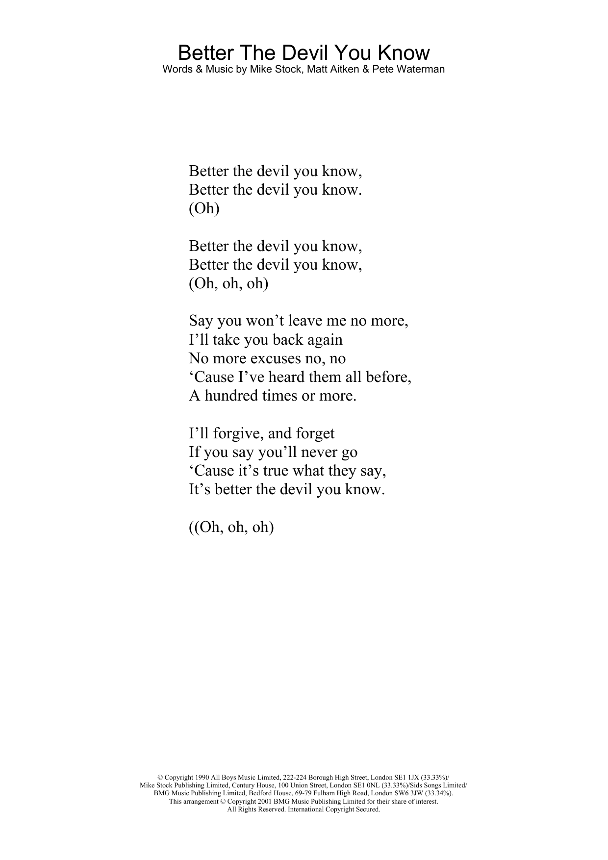 Kylie Minogue Better The Devil You Know sheet music notes and chords arranged for Lyrics Only
