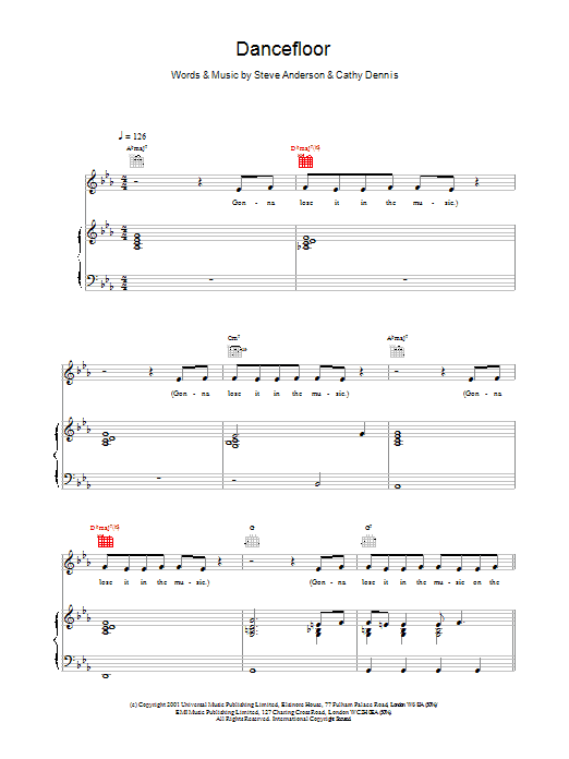 Kylie Minogue Dancefloor sheet music notes and chords arranged for Piano, Vocal & Guitar Chords