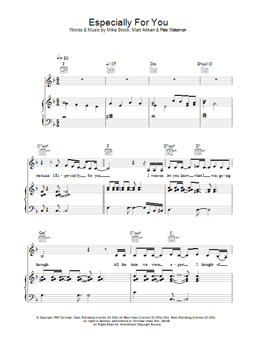 Kylie Minogue Especially For You sheet music notes and chords arranged for Piano, Vocal & Guitar Chords
