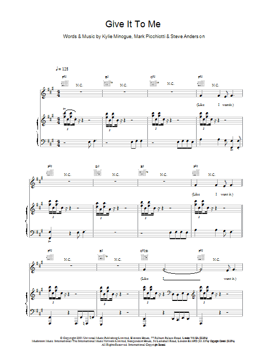Kylie Minogue Give It To Me sheet music notes and chords arranged for Piano, Vocal & Guitar Chords