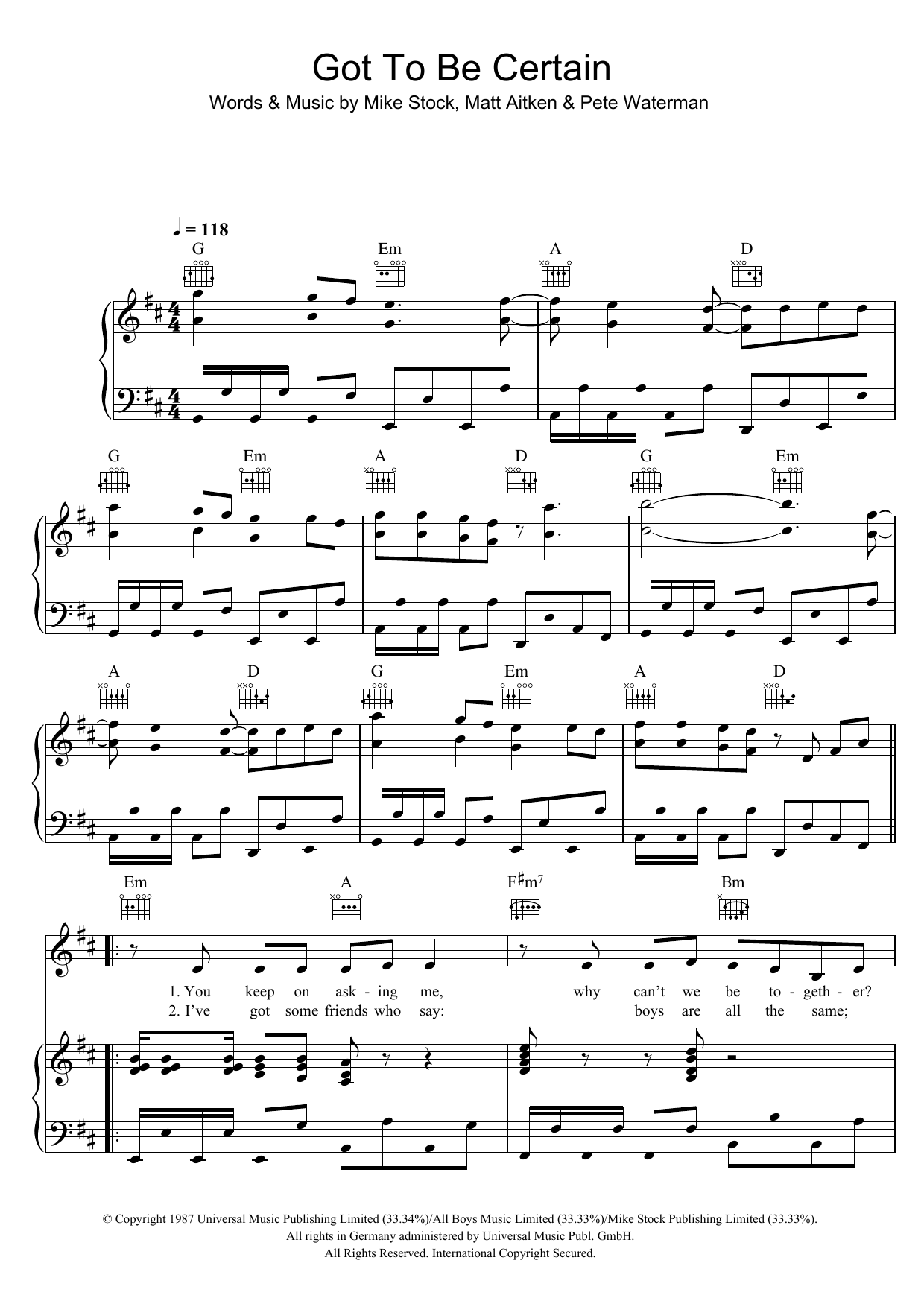 Kylie Minogue Got To Be Certain sheet music notes and chords arranged for Piano, Vocal & Guitar Chords