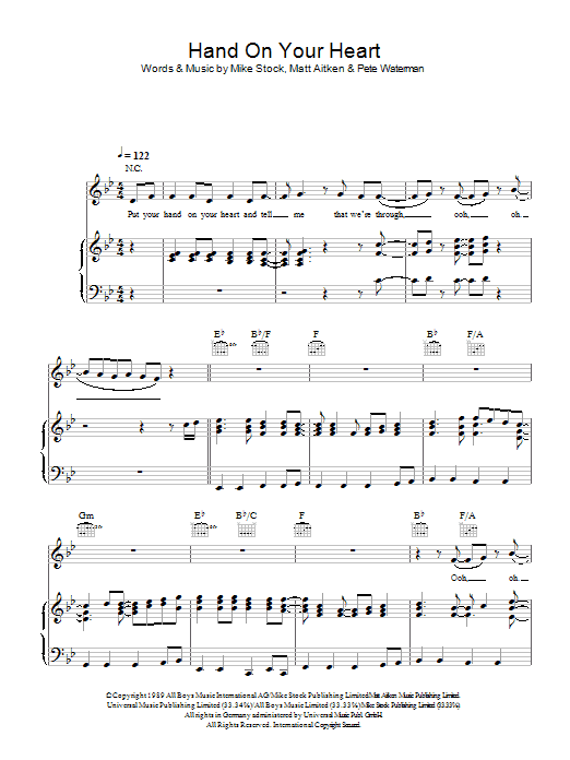 Kylie Minogue Hand On Your Heart sheet music notes and chords arranged for Piano, Vocal & Guitar Chords