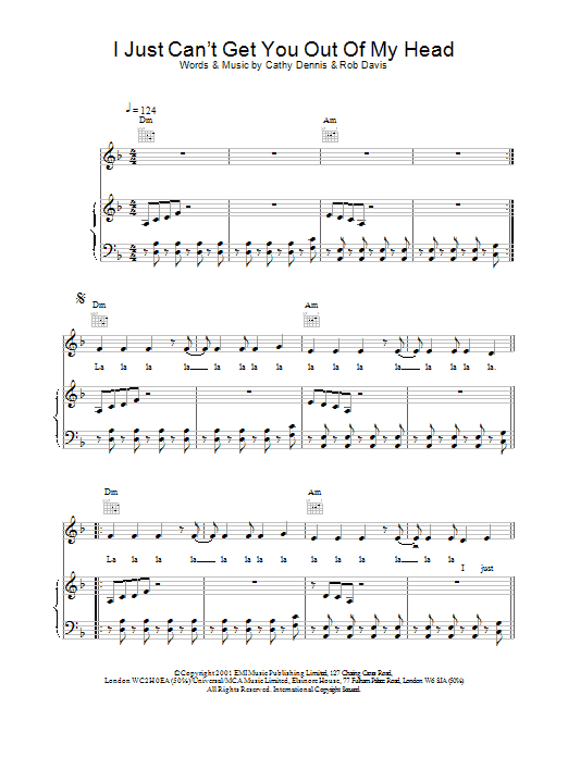 Kylie Minogue I Just Can't Get You Out Of My Head sheet music notes and chords arranged for Piano, Vocal & Guitar Chords