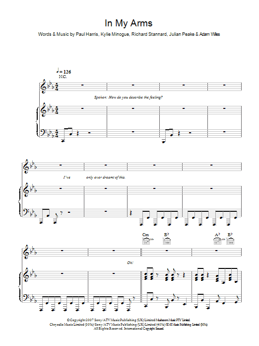 Kylie Minogue In My Arms sheet music notes and chords arranged for Piano, Vocal & Guitar Chords
