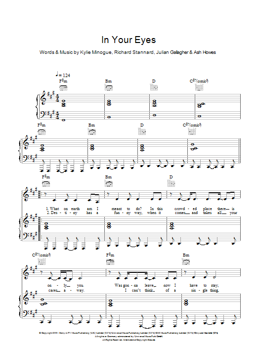 Kylie Minogue In Your Eyes sheet music notes and chords arranged for Piano, Vocal & Guitar Chords