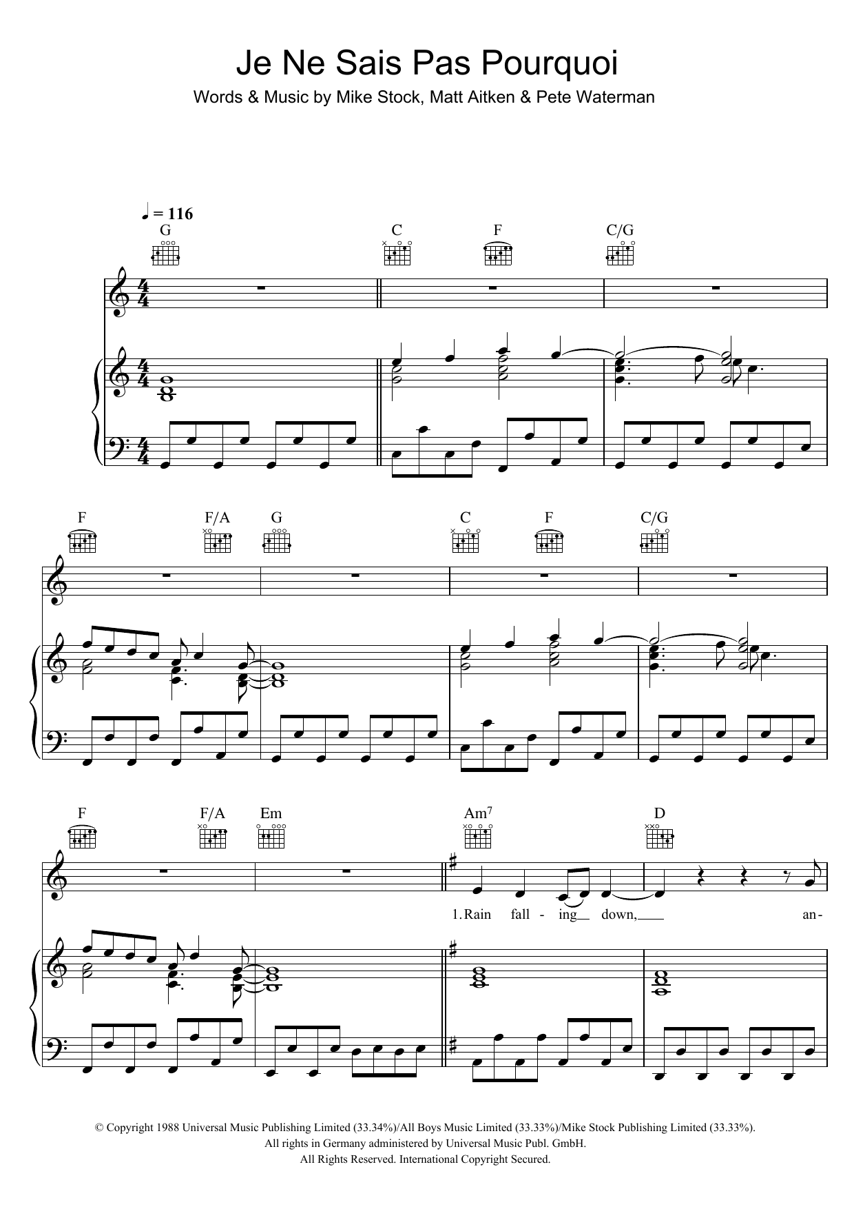 Kylie Minogue Je Ne Sais Pas Pourquoi sheet music notes and chords arranged for Piano, Vocal & Guitar Chords