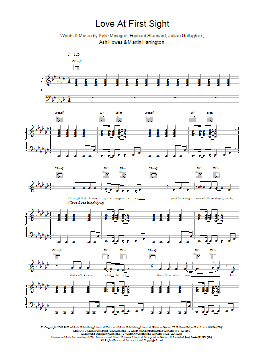 Kylie Minogue Love At First Sight sheet music notes and chords arranged for Piano, Vocal & Guitar Chords (Right-Hand Melody)