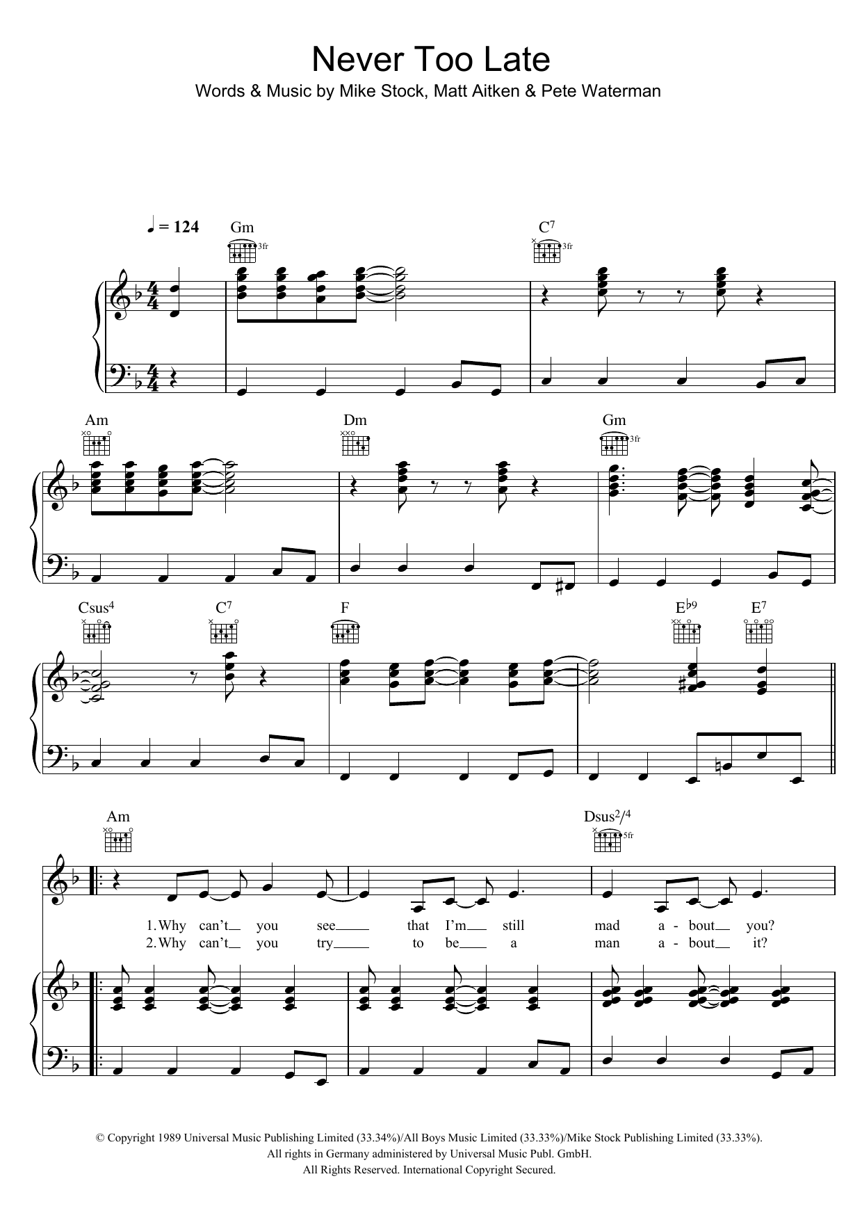 Kylie Minogue Never Too Late sheet music notes and chords arranged for Piano, Vocal & Guitar Chords