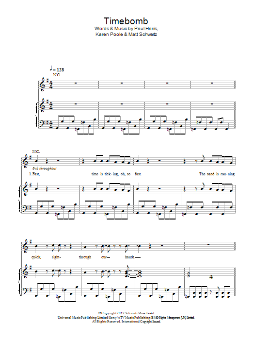 Kylie Minogue Timebomb sheet music notes and chords arranged for Piano, Vocal & Guitar Chords