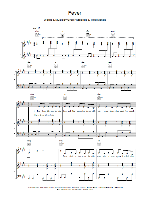 Kylie Minogue Fever sheet music notes and chords arranged for Piano, Vocal & Guitar Chords