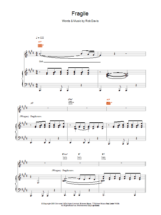 Kylie Minogue Fragile sheet music notes and chords arranged for Piano, Vocal & Guitar Chords