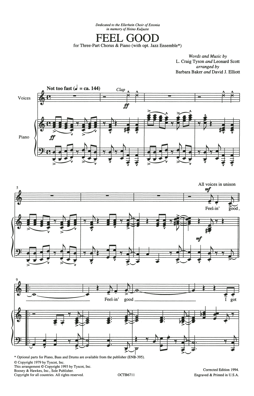 L. Craig Tyson and Leonard Scott Feel Good (arr. Barbara Baker and David J. Elliot) sheet music notes and chords arranged for SSA Choir