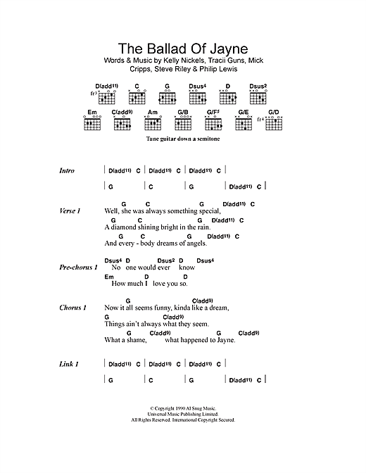 L.A. Guns The Ballad Of Jayne sheet music notes and chords arranged for Guitar Chords/Lyrics