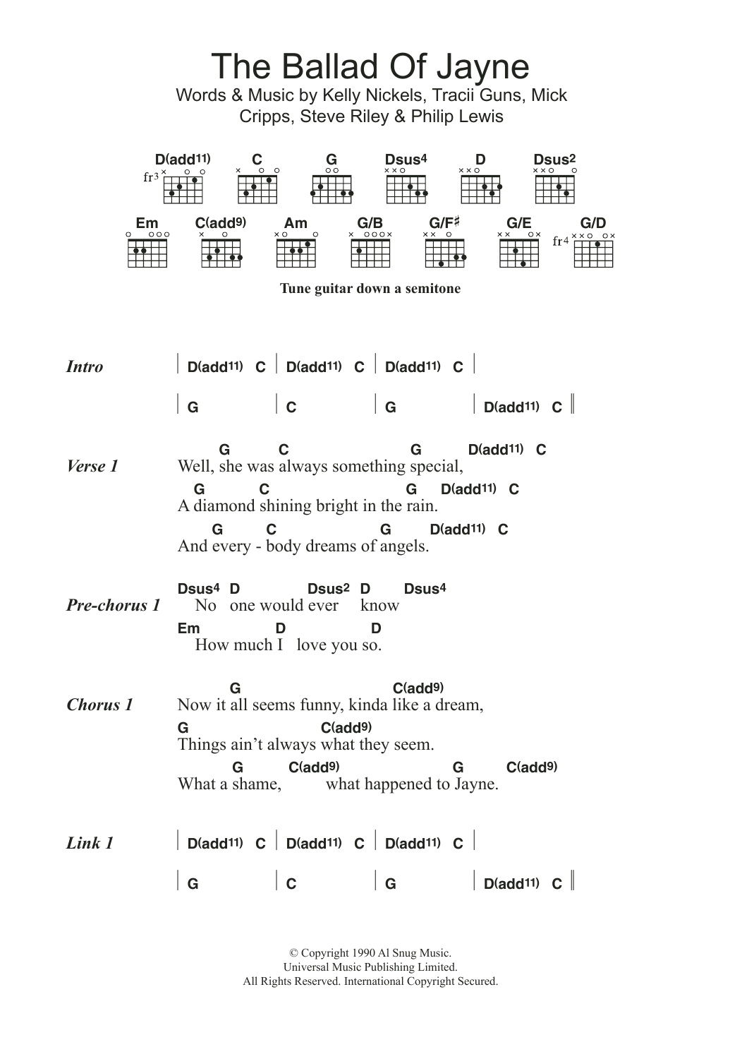 L.A. Guns The Ballad Of Jayne sheet music notes and chords arranged for Guitar Chords/Lyrics