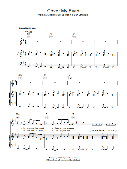La Roux Cover My Eyes sheet music notes and chords arranged for Piano, Vocal & Guitar Chords