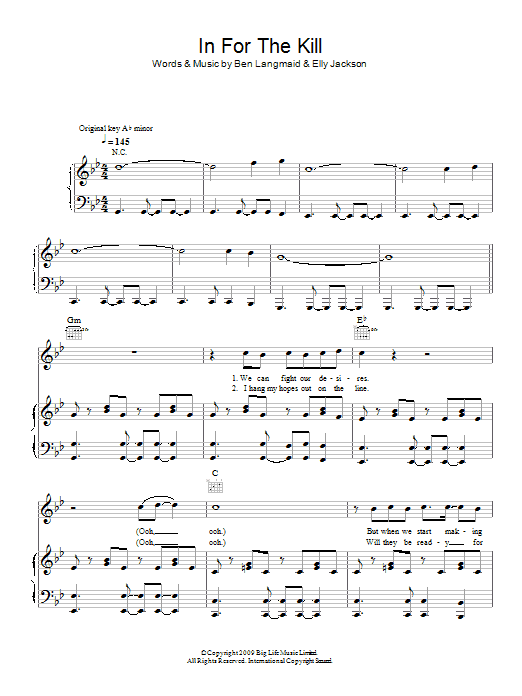 La Roux In For The Kill sheet music notes and chords arranged for Piano, Vocal & Guitar Chords