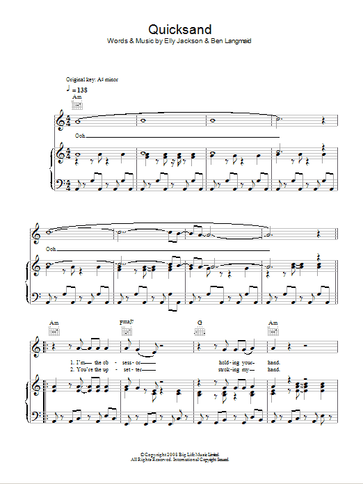 La Roux Quicksand sheet music notes and chords arranged for Piano, Vocal & Guitar Chords