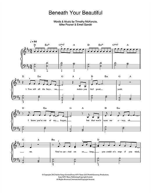 Labrinth Beneath Your Beautiful (feat. Emeli Sandé) sheet music notes and chords arranged for Easy Piano