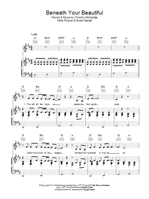 Labrinth Featuring Emeli Sande Beneath Your Beautiful sheet music notes and chords arranged for Piano, Vocal & Guitar Chords