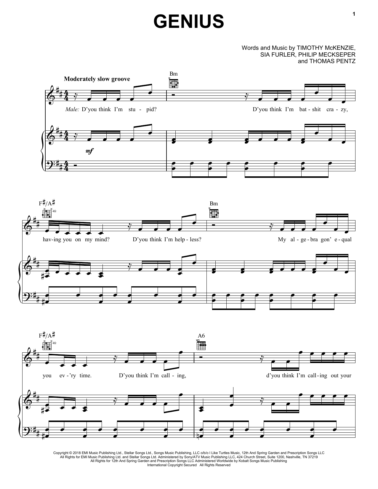 Labrinth, Sia & Diplo Genius sheet music notes and chords arranged for Piano, Vocal & Guitar Chords (Right-Hand Melody)
