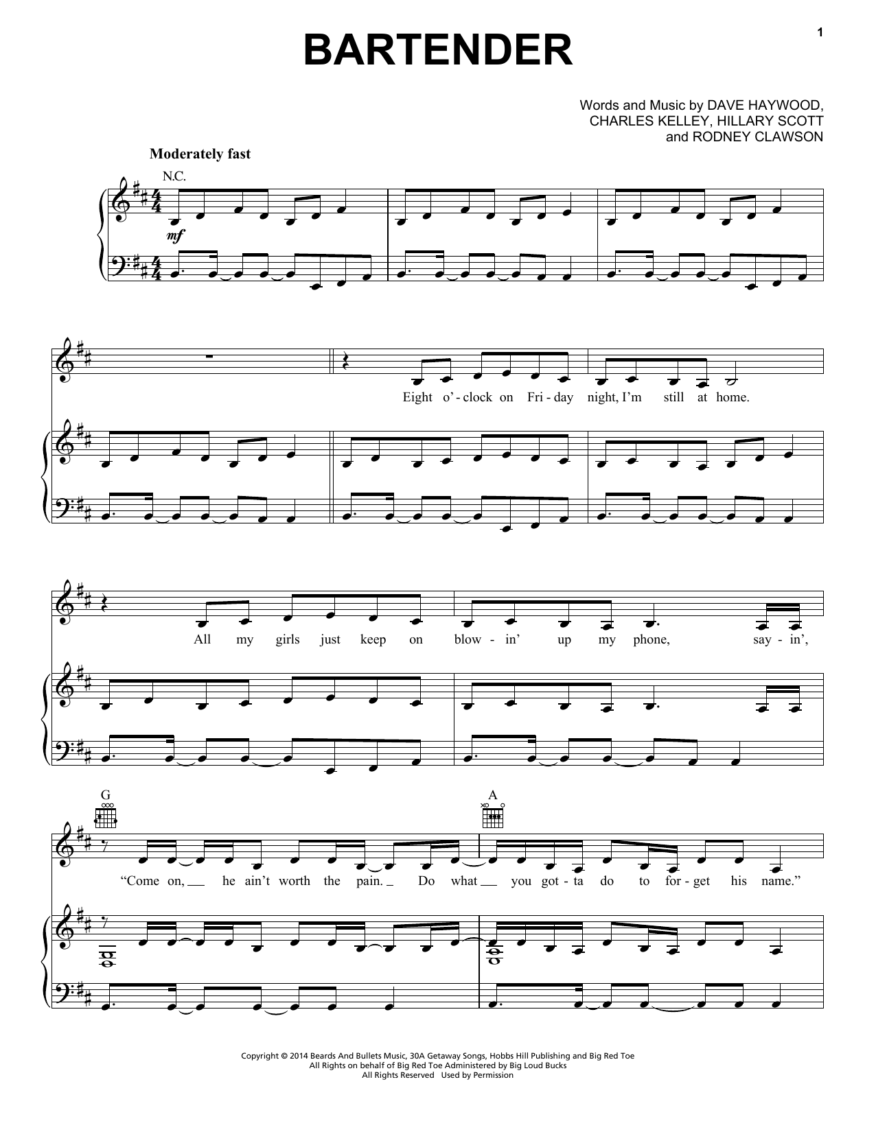 Lady A Bartender sheet music notes and chords arranged for Piano, Vocal & Guitar Chords (Right-Hand Melody)