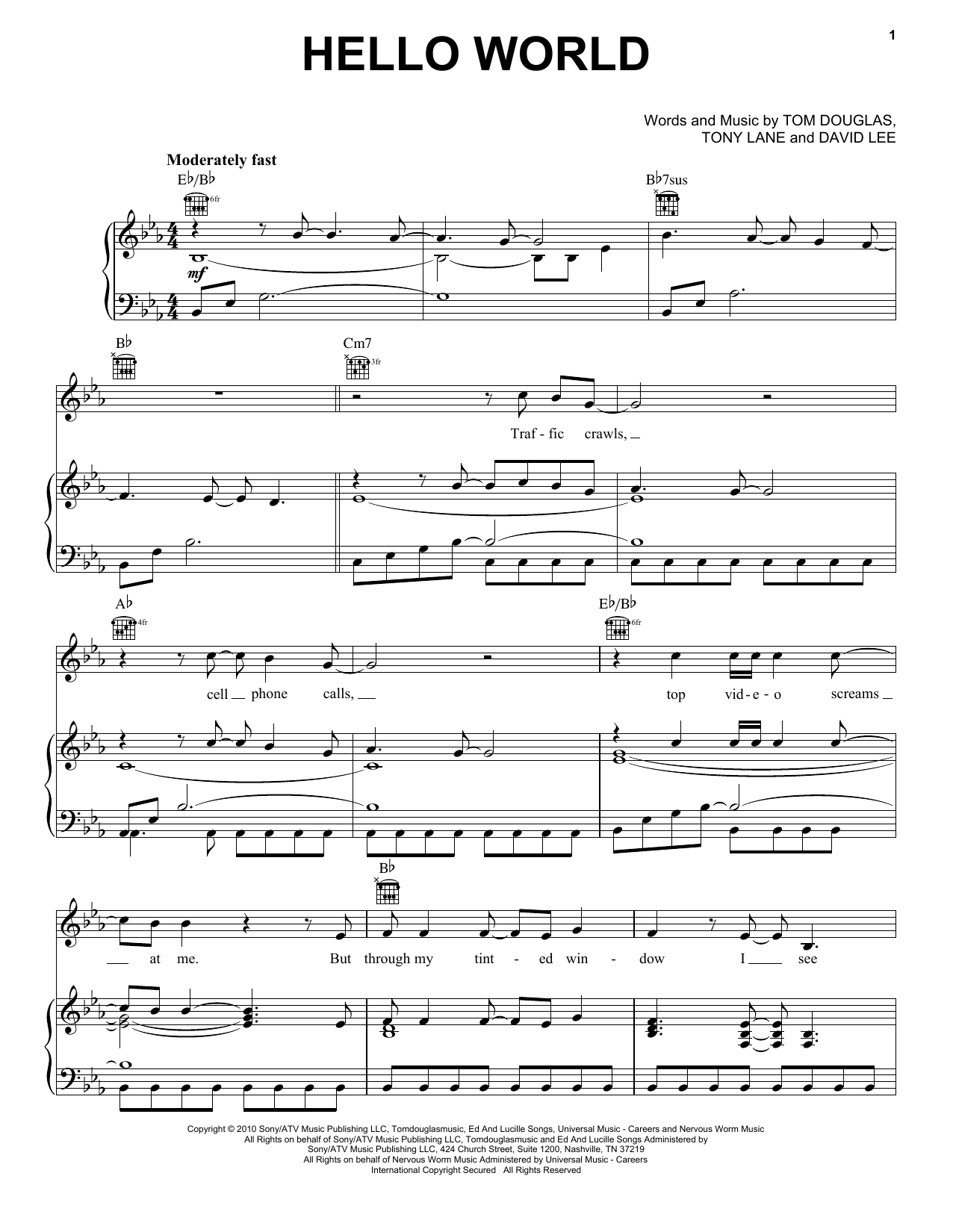 Lady A Hello World sheet music notes and chords arranged for Piano, Vocal & Guitar Chords (Right-Hand Melody)