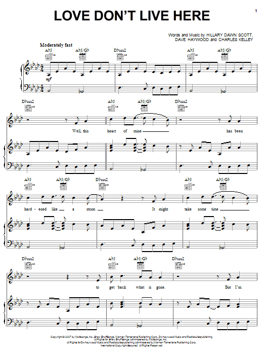 Lady A Love Don't Live Here sheet music notes and chords arranged for Piano, Vocal & Guitar Chords (Right-Hand Melody)