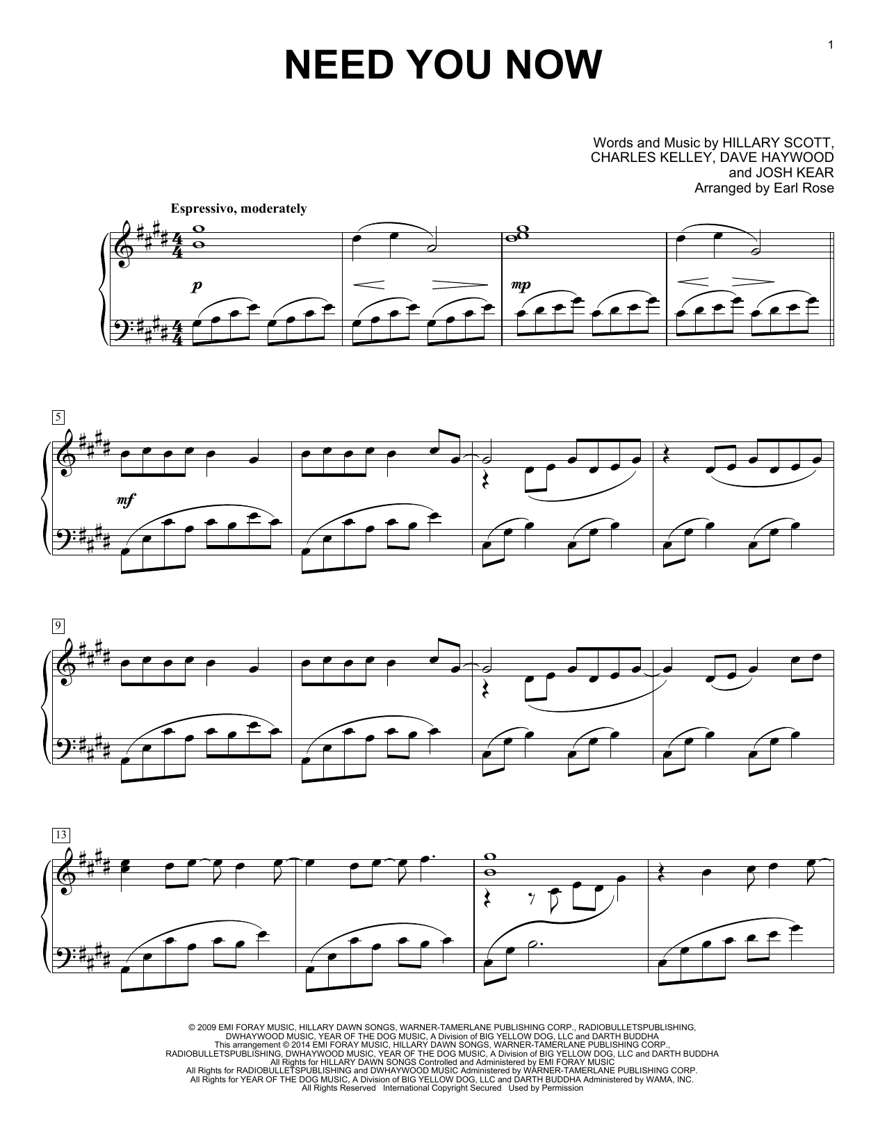 Lady A Need You Now (arr. Earl Rose) sheet music notes and chords arranged for Piano Solo