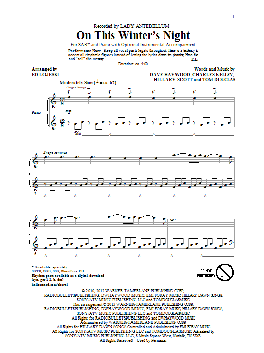 Lady A On This Winter's Night (arr. Ed Lojeski) sheet music notes and chords arranged for SATB Choir