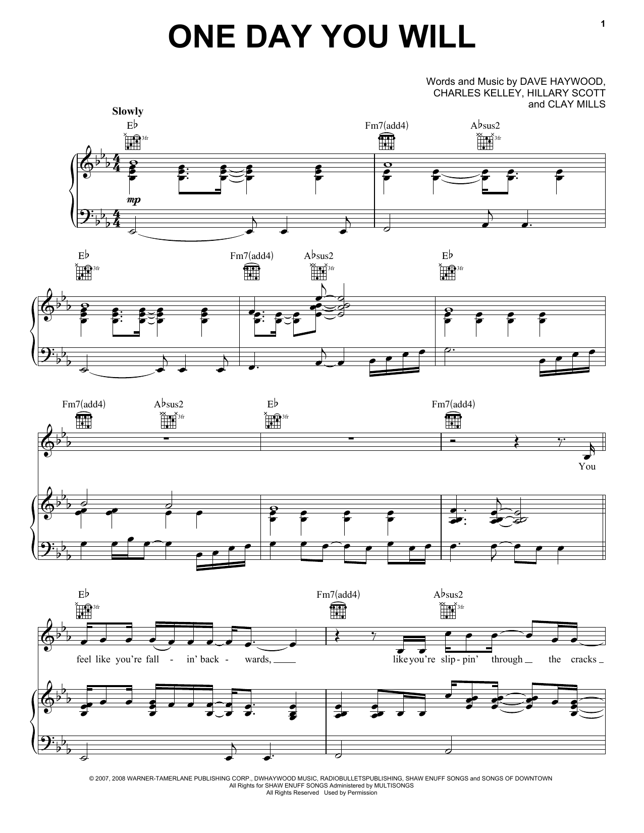 Lady A One Day You Will sheet music notes and chords arranged for Piano, Vocal & Guitar Chords (Right-Hand Melody)