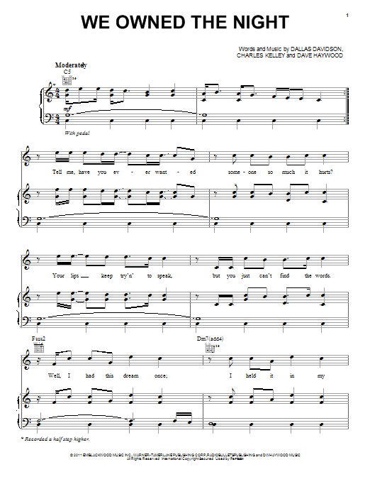 Lady A We Owned The Night sheet music notes and chords arranged for Piano, Vocal & Guitar Chords (Right-Hand Melody)