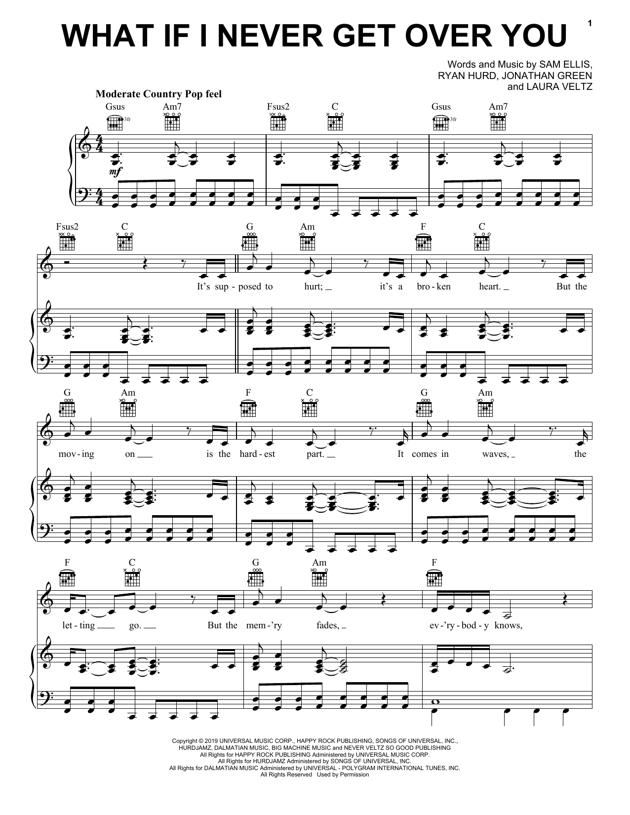 Lady A What If I Never Get Over You sheet music notes and chords arranged for Piano, Vocal & Guitar Chords (Right-Hand Melody)