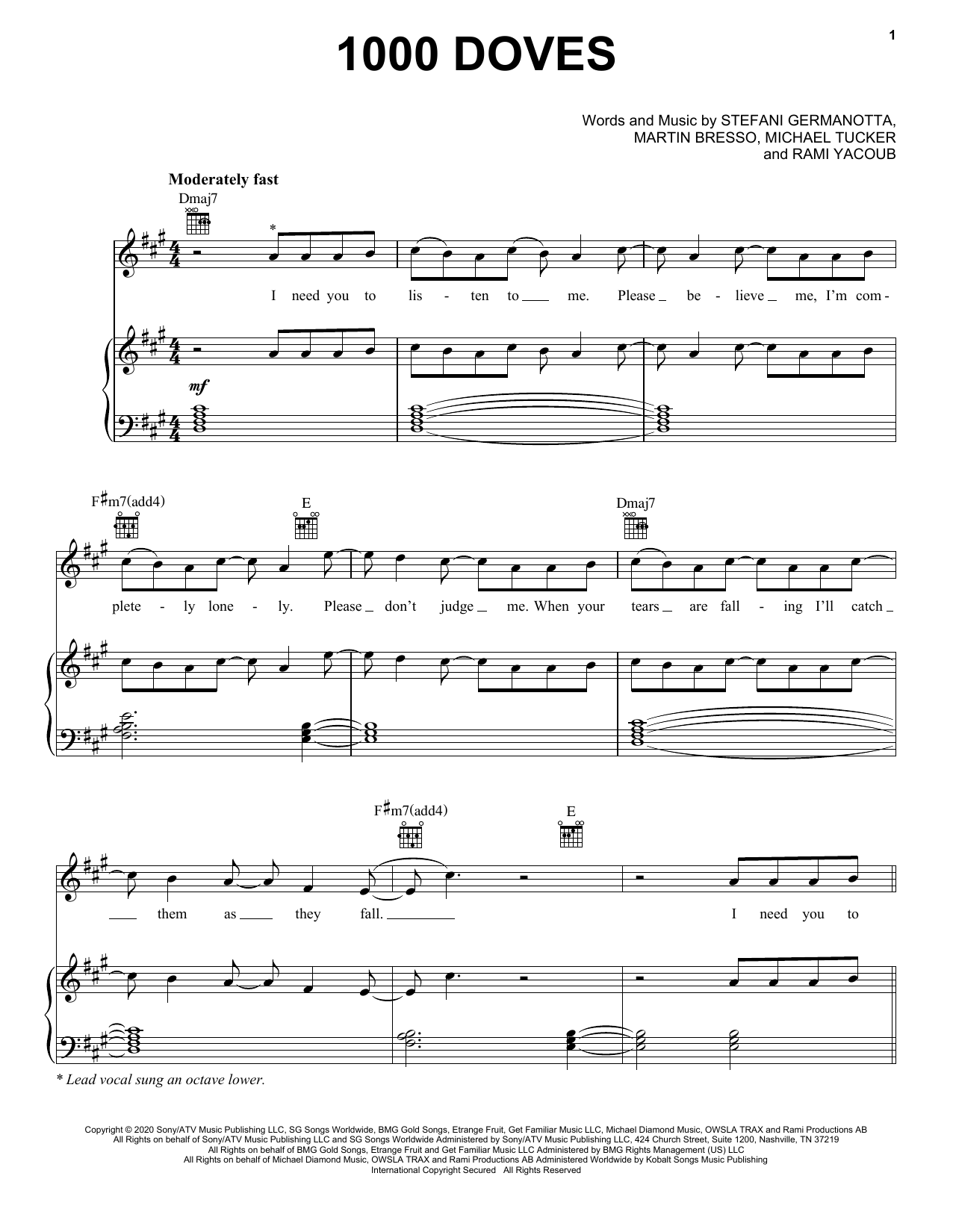 Lady Gaga 1000 Doves sheet music notes and chords arranged for Piano, Vocal & Guitar Chords (Right-Hand Melody)