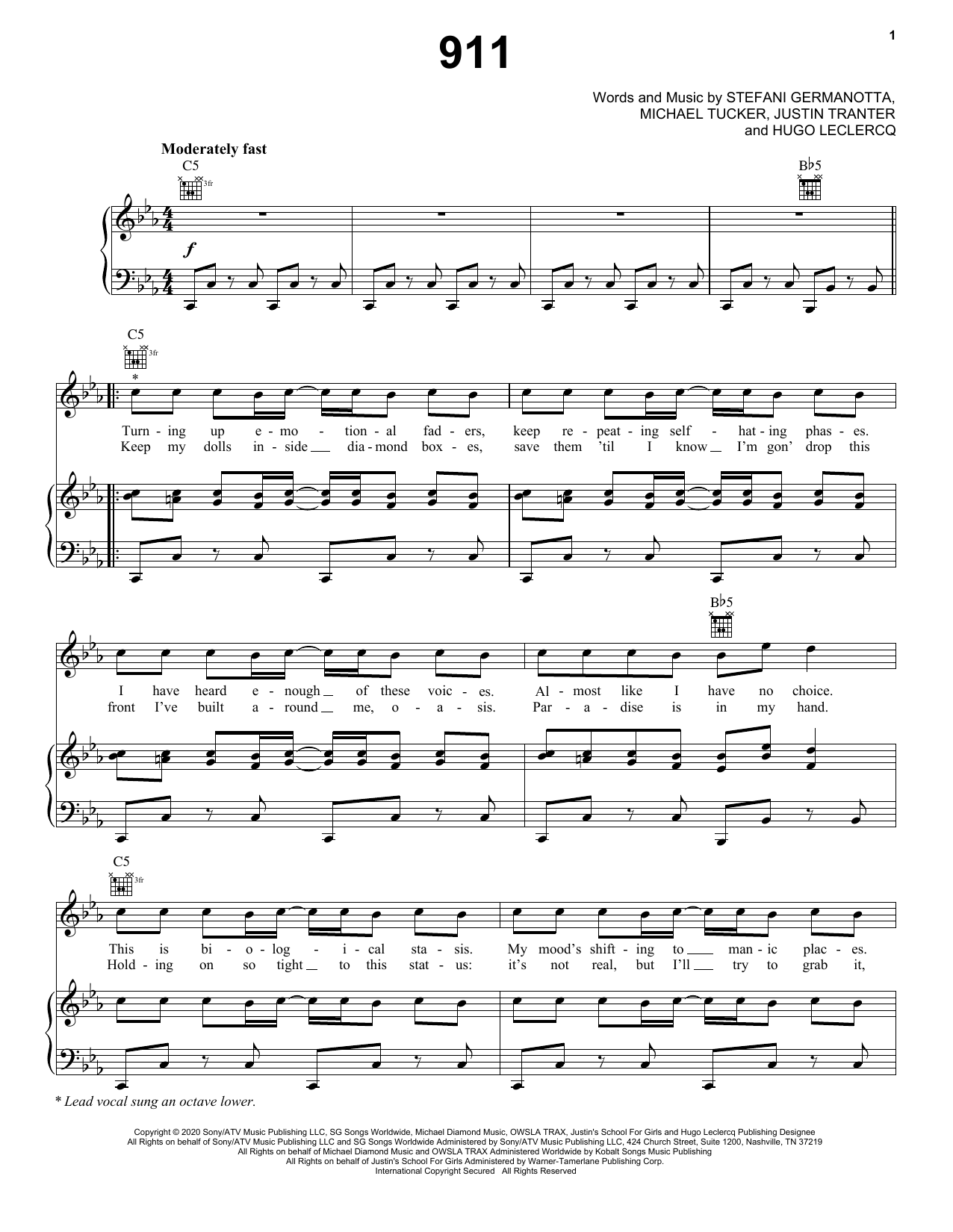 Lady Gaga 911 sheet music notes and chords arranged for Piano, Vocal & Guitar Chords (Right-Hand Melody)
