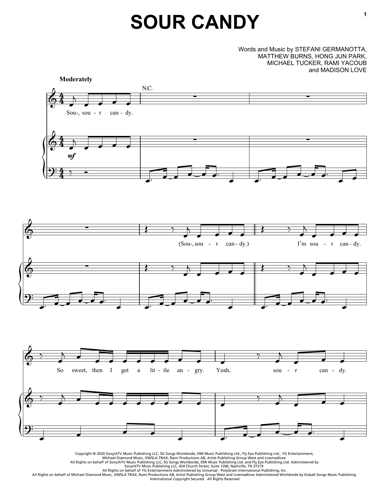 Lady Gaga & BLACKPINK Sour Candy sheet music notes and chords arranged for Piano, Vocal & Guitar Chords (Right-Hand Melody)