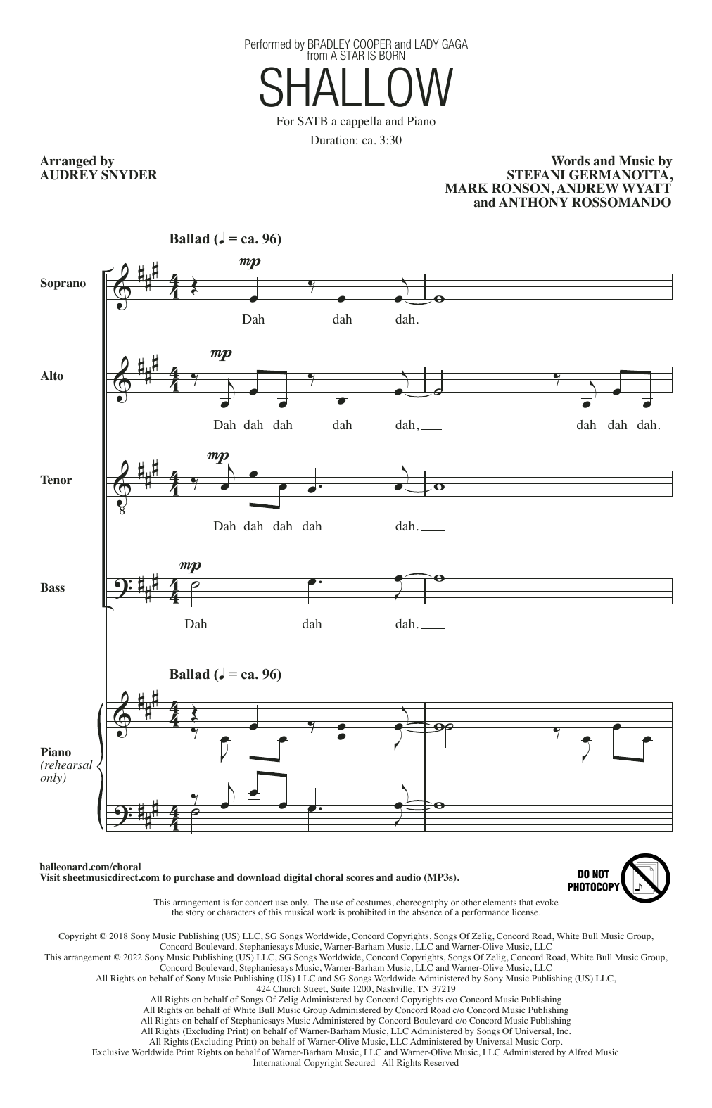Lady Gaga & Bradley Cooper Shallow (from A Star Is Born) (arr. Audrey Snyder) sheet music notes and chords arranged for SATB Choir
