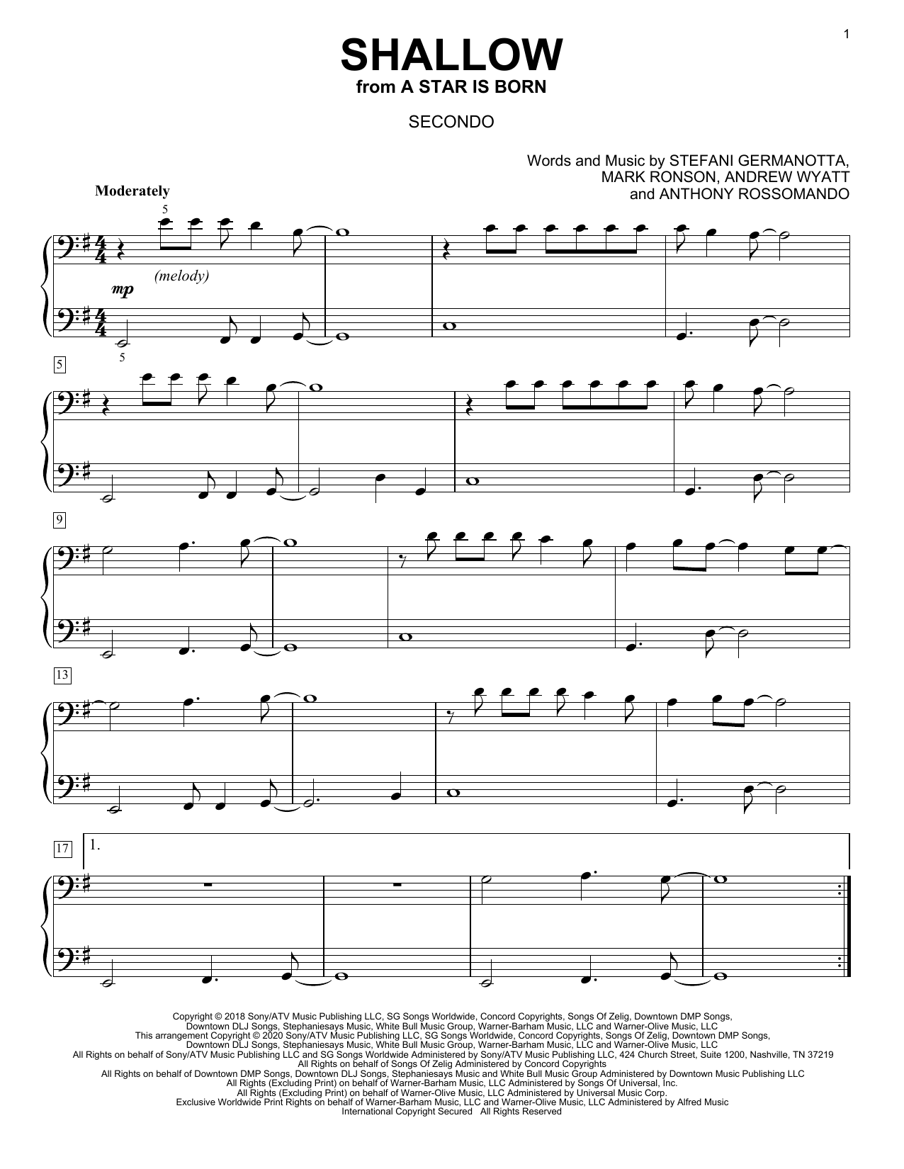 Lady Gaga & Bradley Cooper Shallow (from A Star Is Born) (arr. David Pearl) sheet music notes and chords arranged for Piano Duet