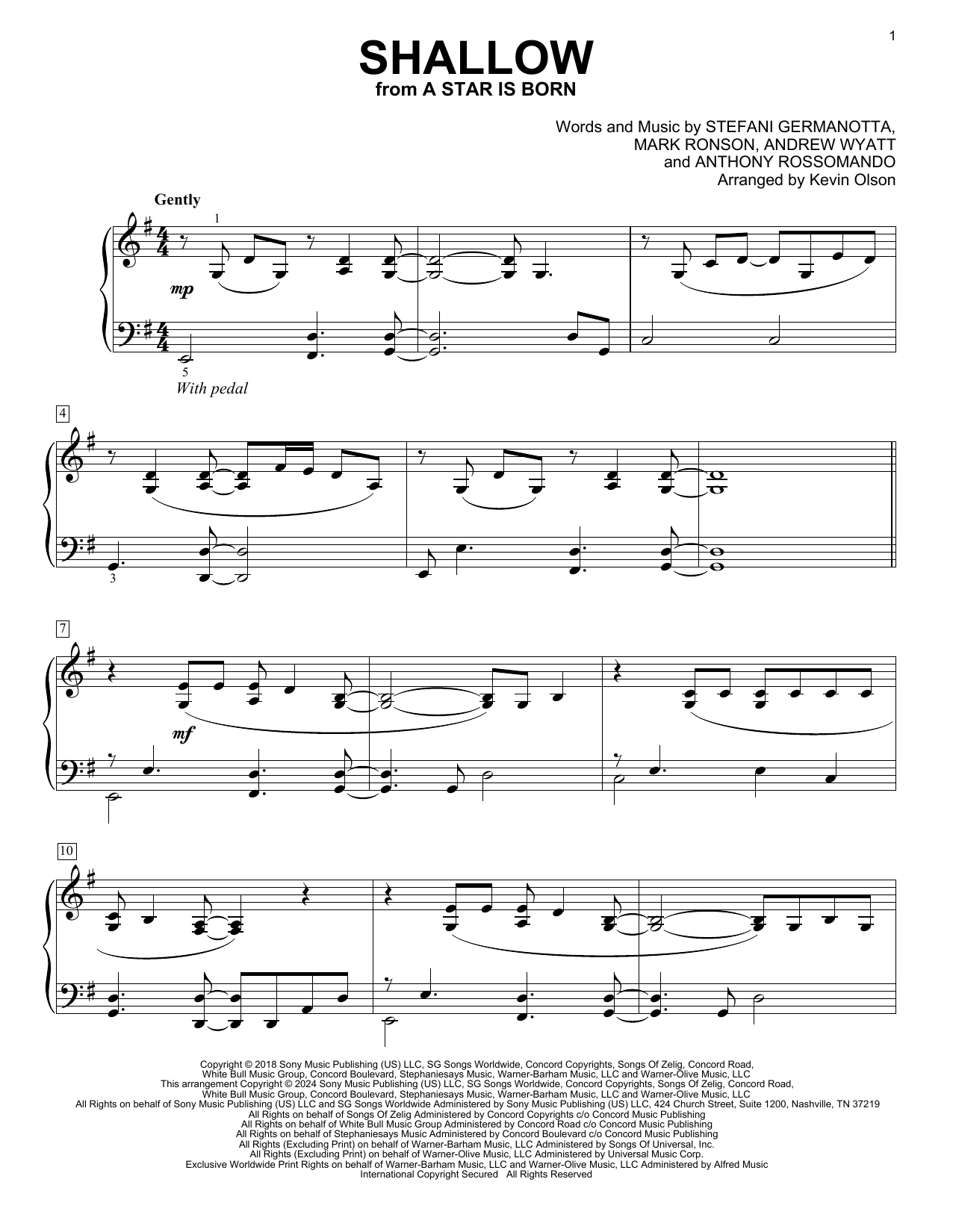 Lady Gaga & Bradley Cooper Shallow (from A Star Is Born) (arr. Kevin Olson) sheet music notes and chords arranged for Easy Piano Solo