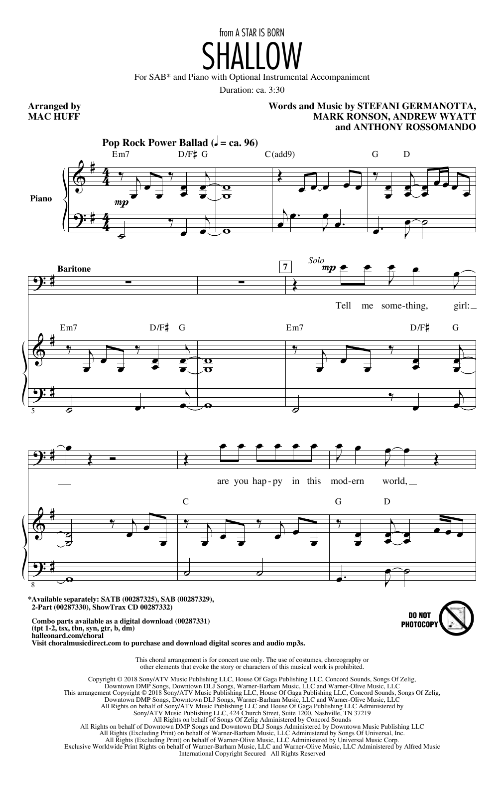 Lady Gaga & Bradley Cooper Shallow (from A Star Is Born) (arr. Mac Huff) sheet music notes and chords arranged for SATB Choir
