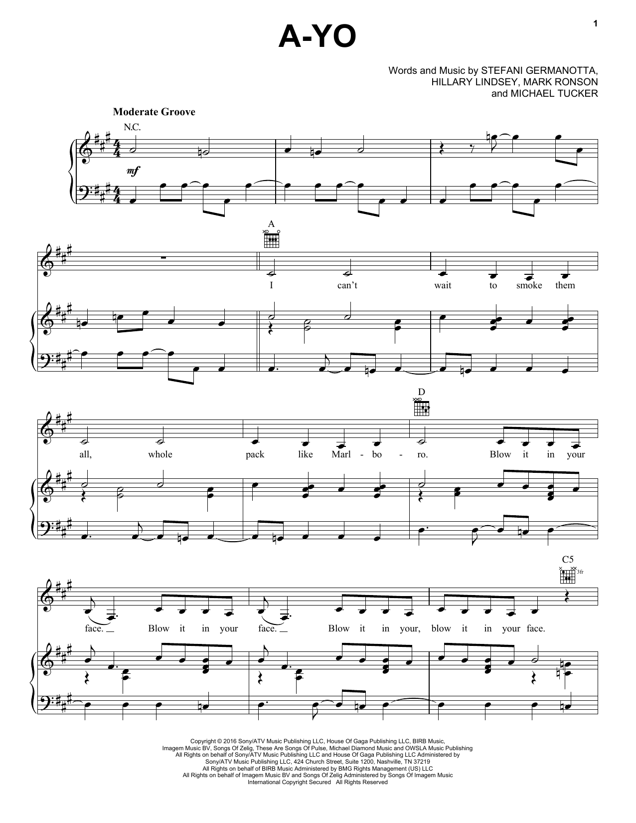 Lady Gaga A-Yo sheet music notes and chords arranged for Piano, Vocal & Guitar Chords (Right-Hand Melody)