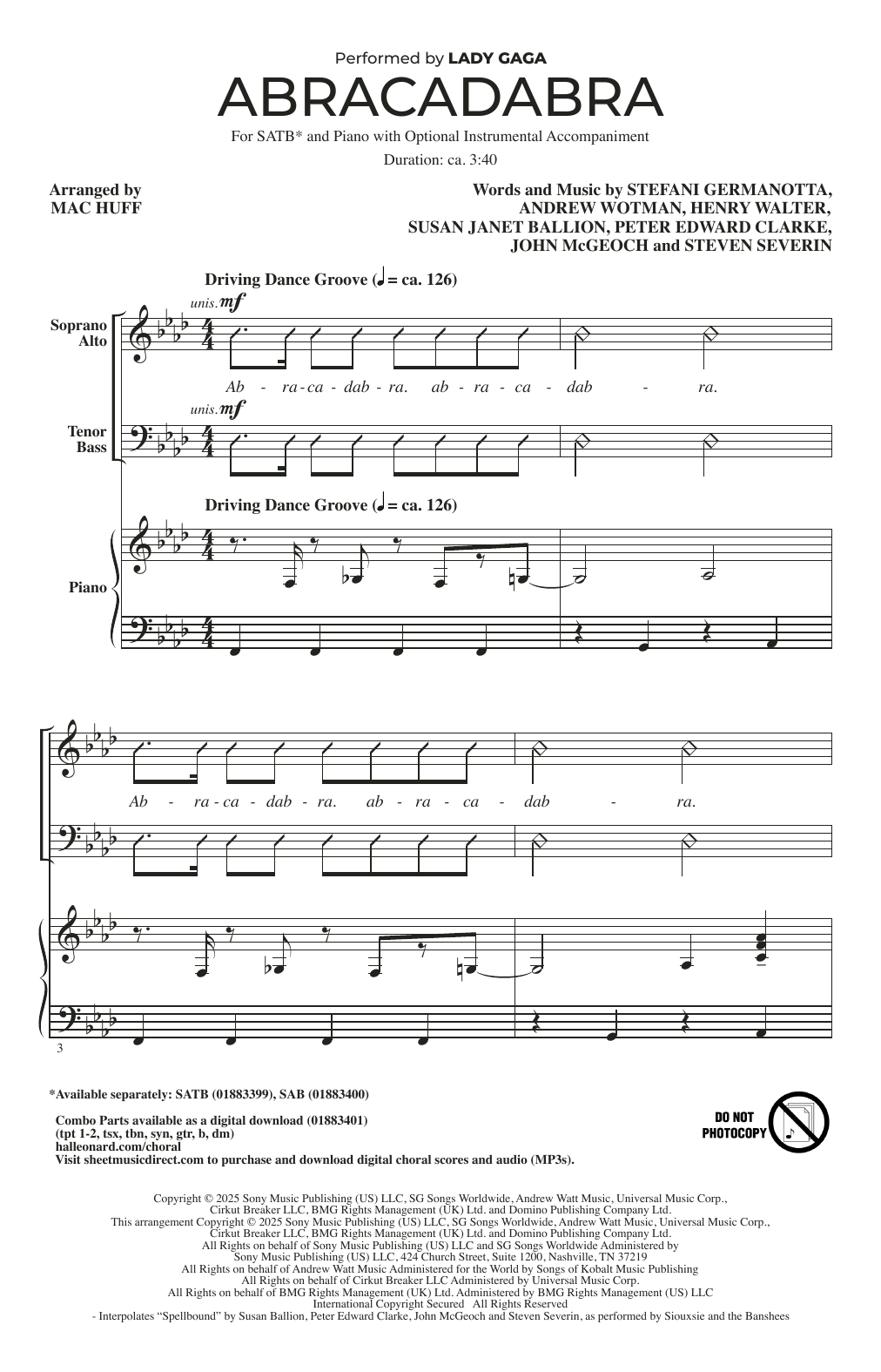 Lady Gaga Abracadabra (arr. Mac Huff) sheet music notes and chords arranged for SAB Choir