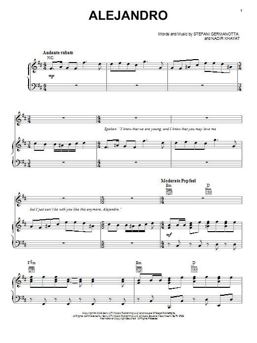 Lady Gaga Alejandro sheet music notes and chords arranged for Easy Piano