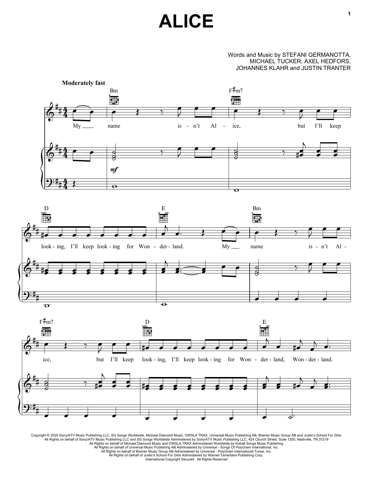Lady Gaga Alice sheet music notes and chords arranged for Piano, Vocal & Guitar Chords (Right-Hand Melody)