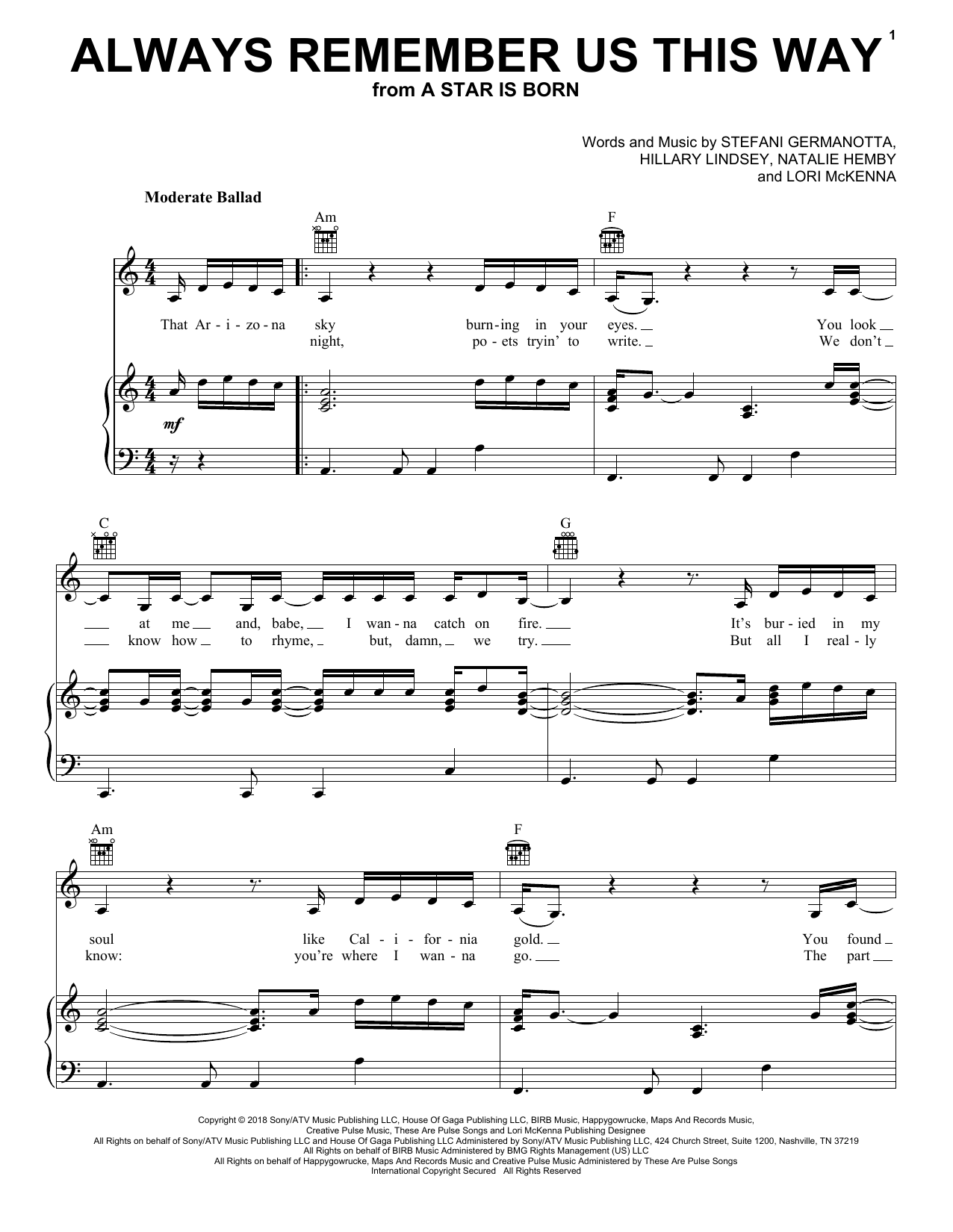 Lady Gaga Always Remember Us This Way (from A Star Is Born) sheet music notes and chords arranged for Piano & Vocal