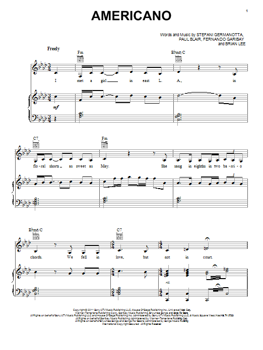 Lady Gaga Americano sheet music notes and chords arranged for Piano, Vocal & Guitar Chords (Right-Hand Melody)