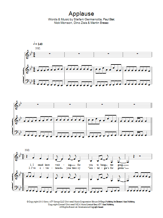 Lady Gaga Applause sheet music notes and chords arranged for Piano, Vocal & Guitar Chords (Right-Hand Melody)